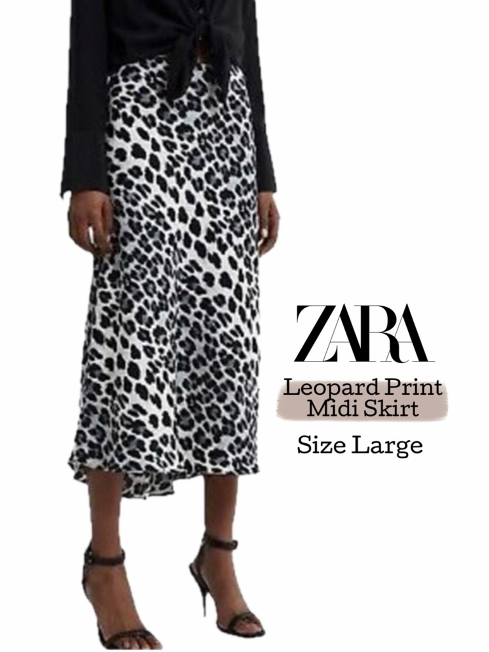 ZARA Skirt Animal Print Black and White Leopard Print Zip Up Midi Skirt Sz L